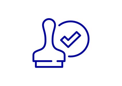 Icon-Darstellung eine Stempels hinter dem ein Haken zu sehen ist.